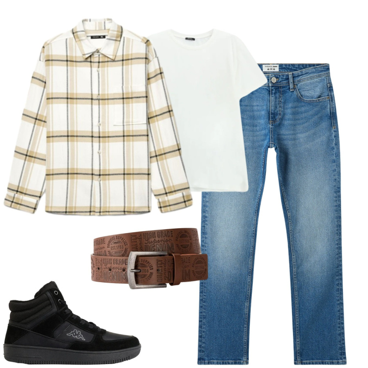 Outfit uomo - Ottobre. Stile Casual per Tutti i giorni. Abbinamento con t-shirt, jeans, camicie, cinture, sneakers alte.