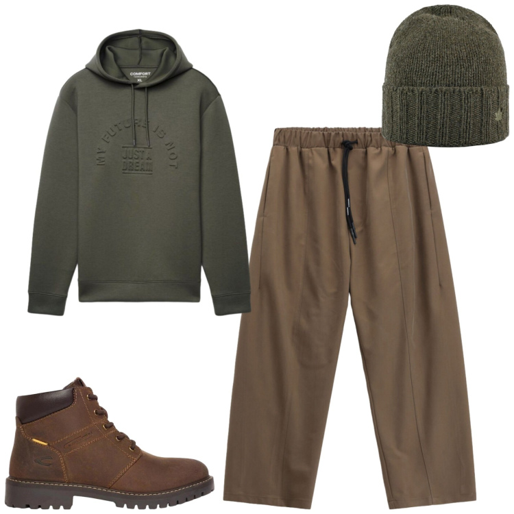 Outfit uomo - Toni del bosco e della terra. Stile Casual per Tutti i giorni. Abbinamento con pantaloni, cappelli, felpe con cappuccio, stivali e stivaletti.