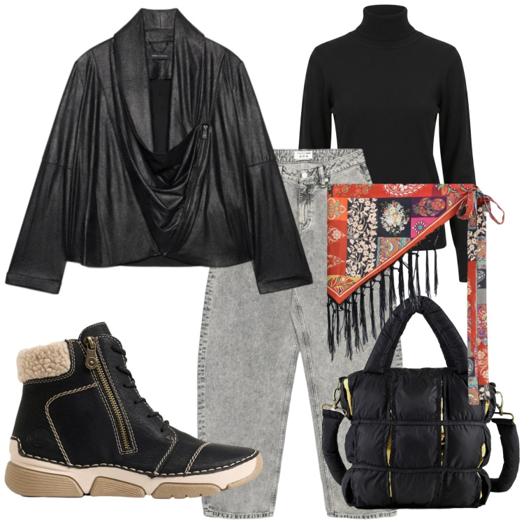 Outfit donna - Weekend fuori. Stile Casual per Tutti i giorni. Abbinamento con blazer, foulard, pullovers, borse a mano, jeans, stivaletti.