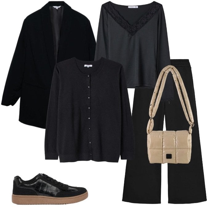 Outfit donna - Total Black per Spostamenti Comfy. Stile Chic per Ufficio. Abbinamento con borse a spalla, blazer, pantaloni, cardigans, t-shirt, sneakers.