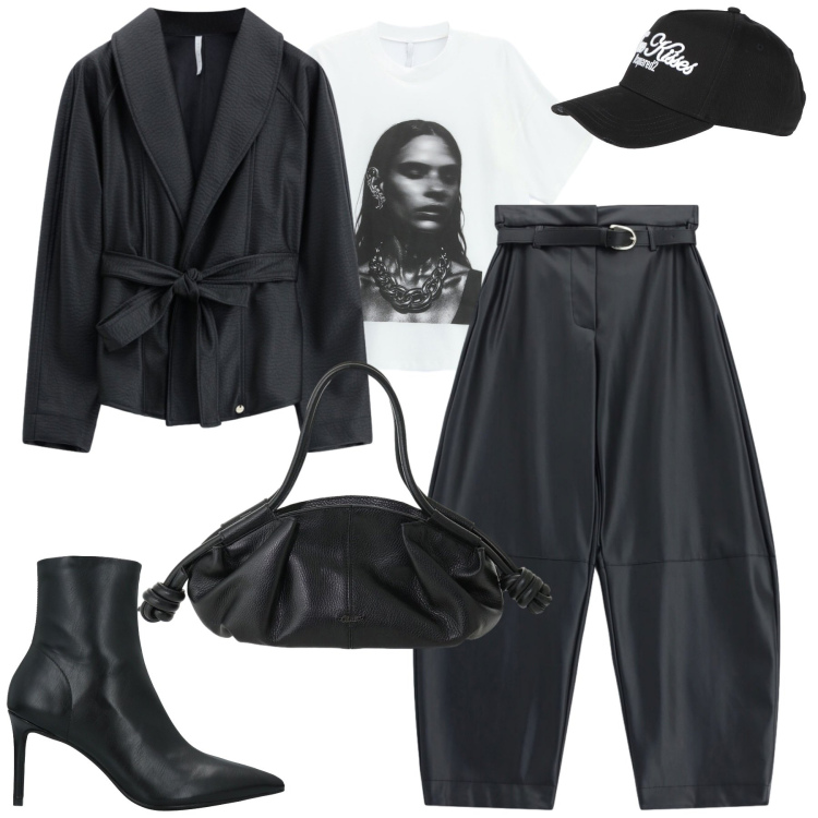 Outfit donna - Ottobre. Stile Casual chic per Tutti i giorni. Abbinamento con t-shirt, pantaloni, blazer, borse a mano, cappelli con visiera, stivaletti.