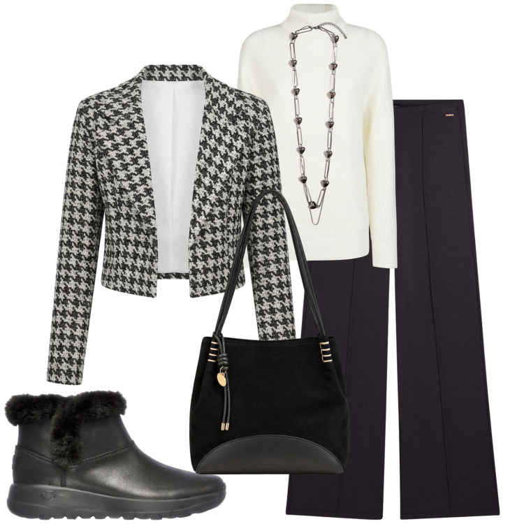 Outfit donna - A spasso per città d'arte. Stile Casual chic per Tutti i giorni. Abbinamento con collane, maglieria, pantaloni, blazer, borse a spalla, stivaletti.