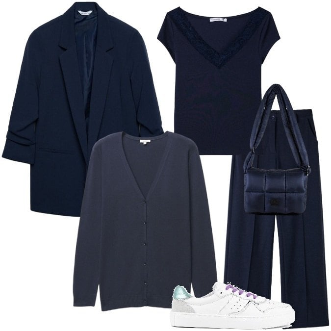 Outfit donna - Casual Chic Midnight Spostamenti Comfy. Stile Chic per Ufficio. Abbinamento con borse a spalla, cardigans, blazer, t-shirt, pantaloni, sneakers.