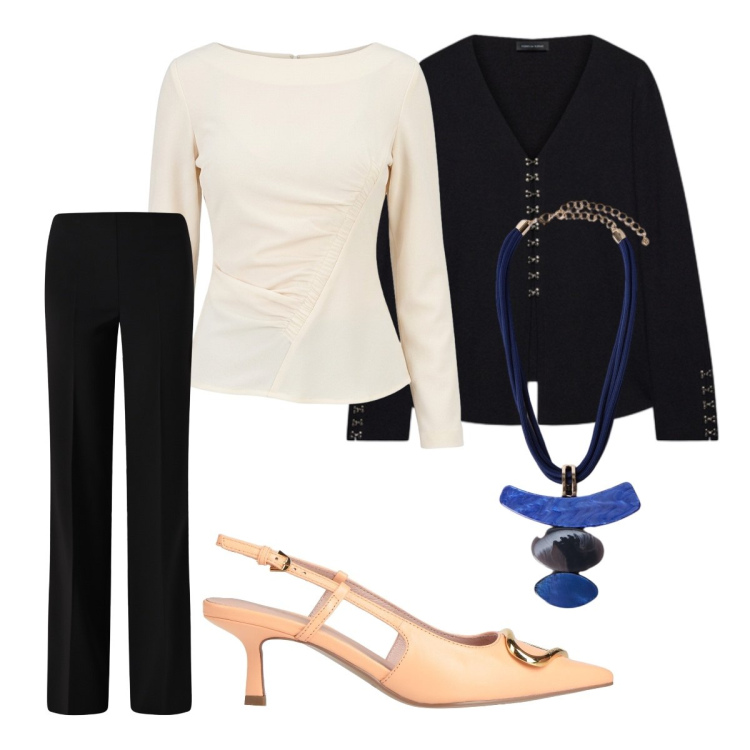 Outfit donna - Compleanno in casa. Stile Chic per Cerimonia. Abbinamento con ciondoli, cardigans, bluse, pantaloni a palazzo, décolleté.