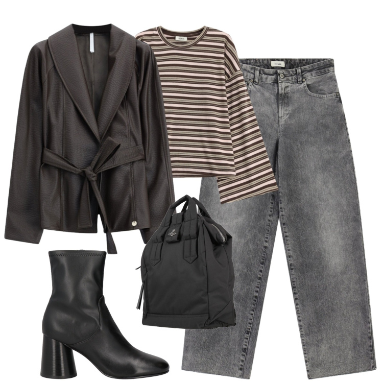 Outfit donna - Ottobre. Stile Urban per Tutti i giorni. Abbinamento con blazer, t-shirt, jeans, stivaletti, zaini.