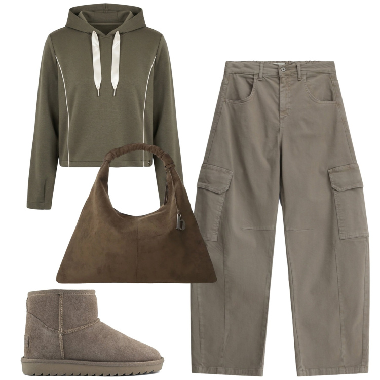 Outfit donna - Ottobre. Stile Casual chic per Tutti i giorni. Abbinamento con felpe con cappuccio, borse a spalla, pantaloni cargo, stivali.