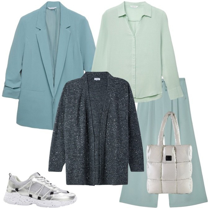 Outfit donna - Verde Menta - Spostamenti Comfy. Stile Urban per Tutti i giorni. Abbinamento con shopping bag, cardigans, blazer, camicie, pantaloni, sneakers.