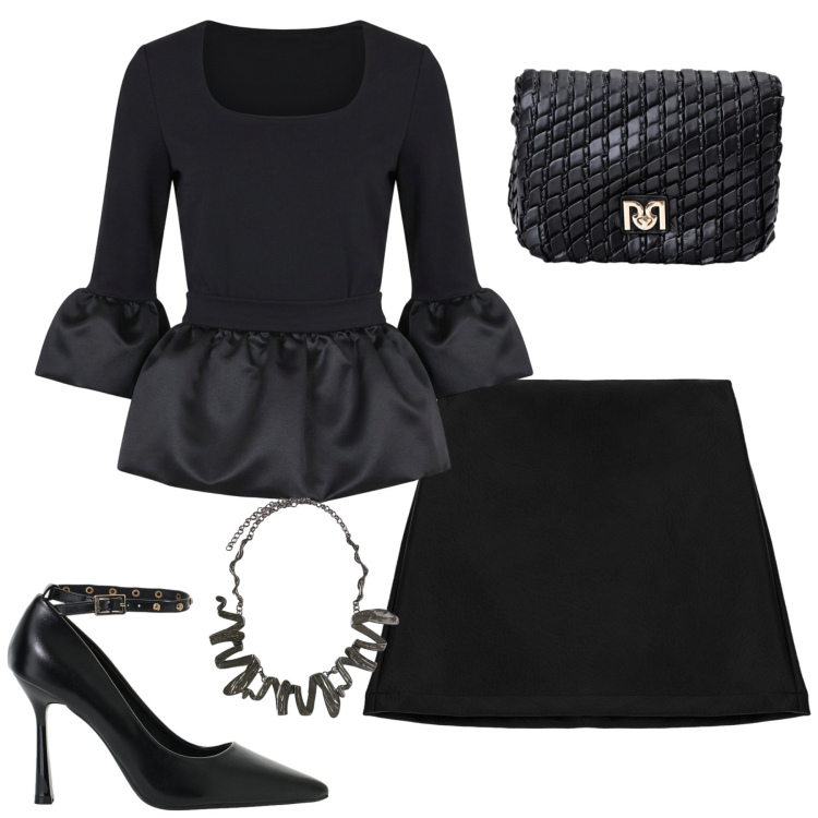 Outfit donna - La blusa versatile per la sera. Stile Chic per Serata fuori. Abbinamento con décolleté, ciondoli, borse a tracolla, bluse, minigonne.