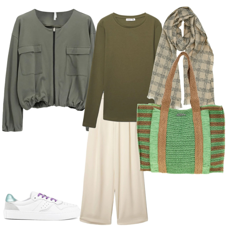 Outfit donna - Total look #2492908. Stile Sporty chic per Tutti i giorni. Abbinamento con bomber, t-shirt, pantaloni a palazzo, sciarpe, sneakers, borse a spalla.