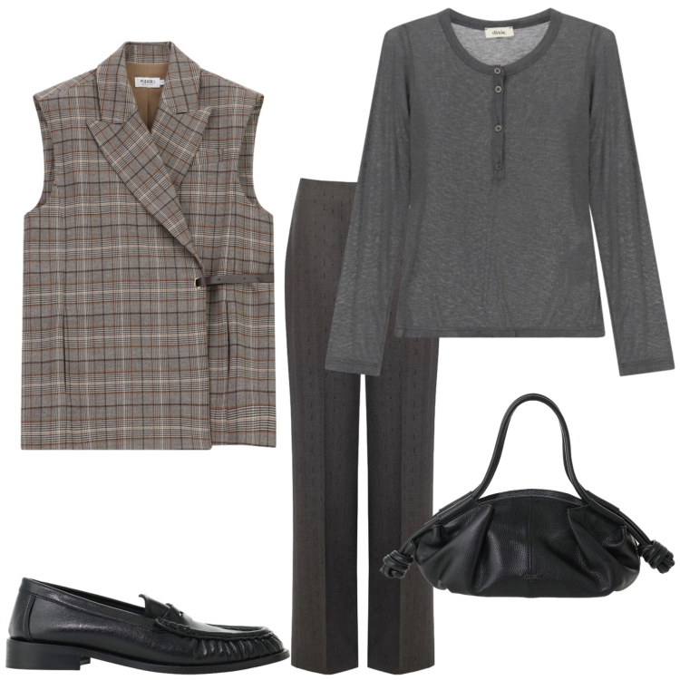 Outfit donna - Total look #2492914. Stile Chic per Tutti i giorni. Abbinamento con mocassini, gilet, pantaloni, borse a mano, t-shirt.