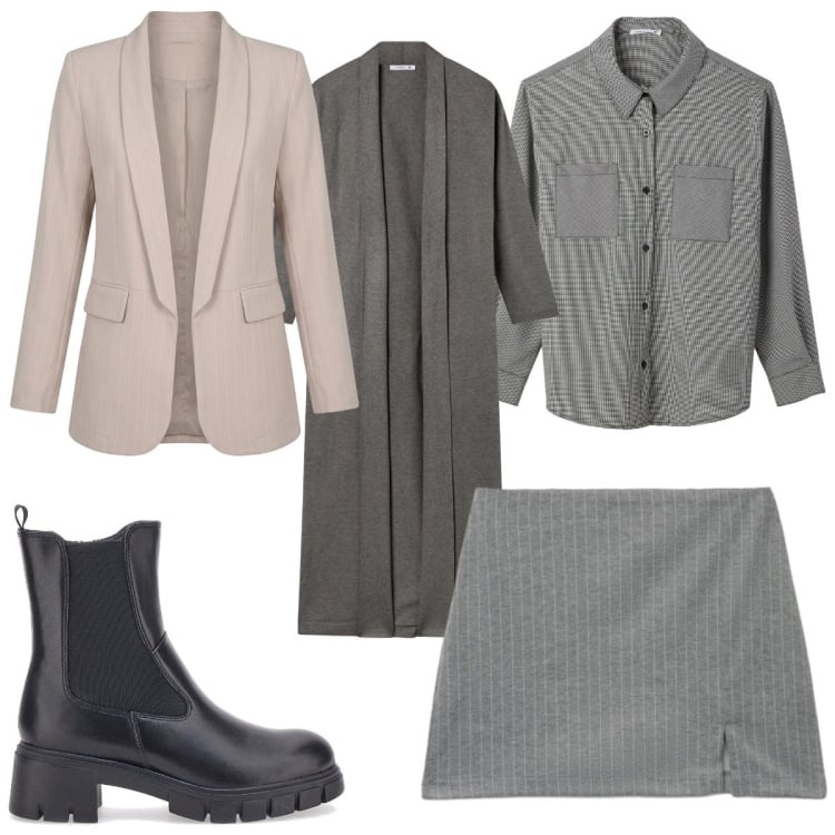 Outfit donna - Smart Layering Strategy grigio 70s. Stile 70s per Tutti i giorni. Abbinamento con cardigans, camicie, minigonne, blazer, stivaletti chelsea.