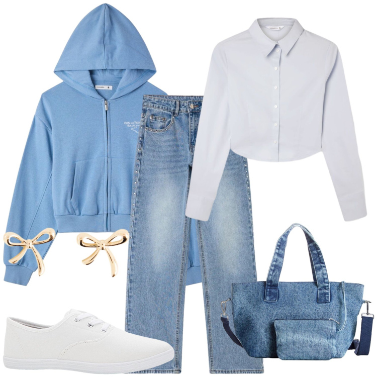 Outfit donna - Total look #2492920. Stile Casual chic per Tutti i giorni. Abbinamento con camicie, felpe con cappuccio, jeans, sneakers, borse a mano, orecchini.