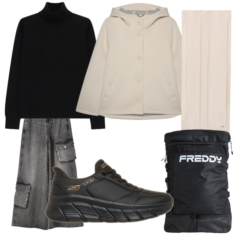 Outfit donna - Total look #2492922. Stile Minimal per Tutti i giorni. Abbinamento con blazer, t-shirt, sciarpe, zaini, jeans, sneakers.