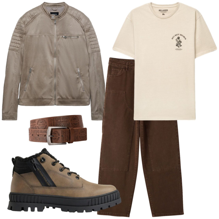 Outfit uomo - Total look #2492924. Stile Casual per Tutti i giorni. Abbinamento con giacche, pantaloni, t-shirt, cinture, stivali e stivaletti.