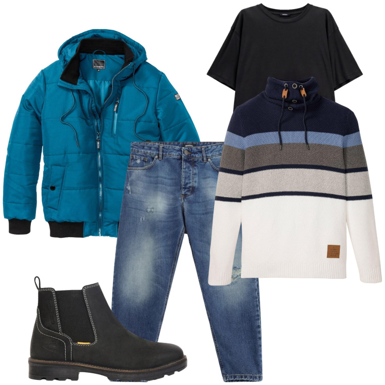 Outfit uomo - Total look #2492926. Stile Casual per Tutti i giorni. Abbinamento con jeans strappati, t-shirt, stivali e stivaletti, maglieria, bomber.