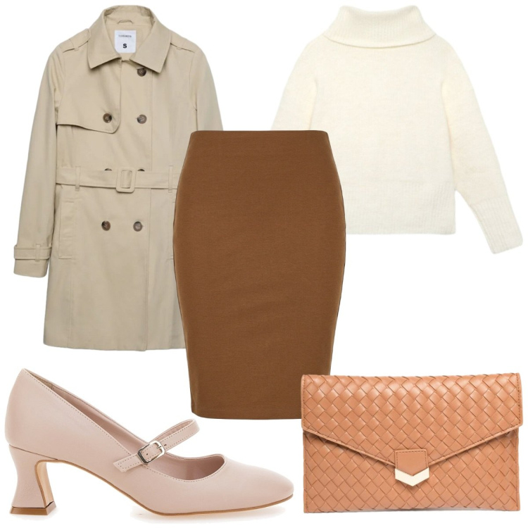 Outfit donna - Smart Layering Strategy: trench 60s. Stile Vintage retrò per Tutti i giorni. Abbinamento con trench, gonne longuette, pullovers, clutch, décolleté.