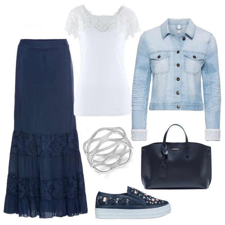 Outfit donna - Romantico Macramè. Stile Bon Ton per Tutti i giorni. Abbinamento con top, blazer, maglia con pizzo e spalline a maniche corte in denim con aperture, sneakers tennis, borsa a mano con manico e zip in pelle made italy blu, anello in sterling 925 ipoallergenico argento e bianco.