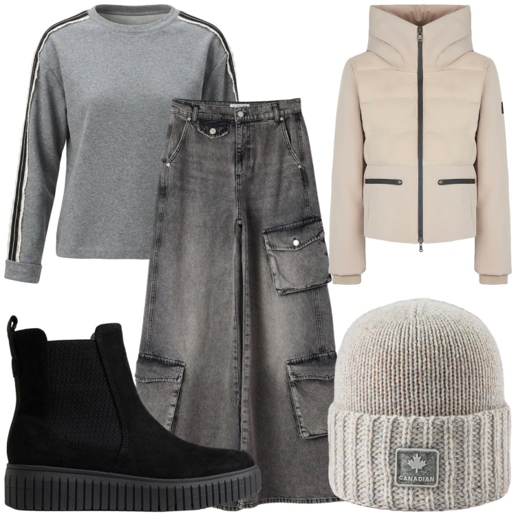 Outfit donna - Grey. Stile Casual per Tutti i giorni. Abbinamento con felpe, piumini, berretti, jeans, stivaletti chelsea.