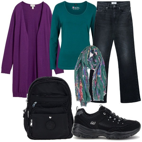 Outfit donna - Weekend Out of Town. Stile Casual chic per Tutti i giorni. Abbinamento con jeans bootcut, t-shirt sportive, cardigans, foulard, zaini, sneakers.