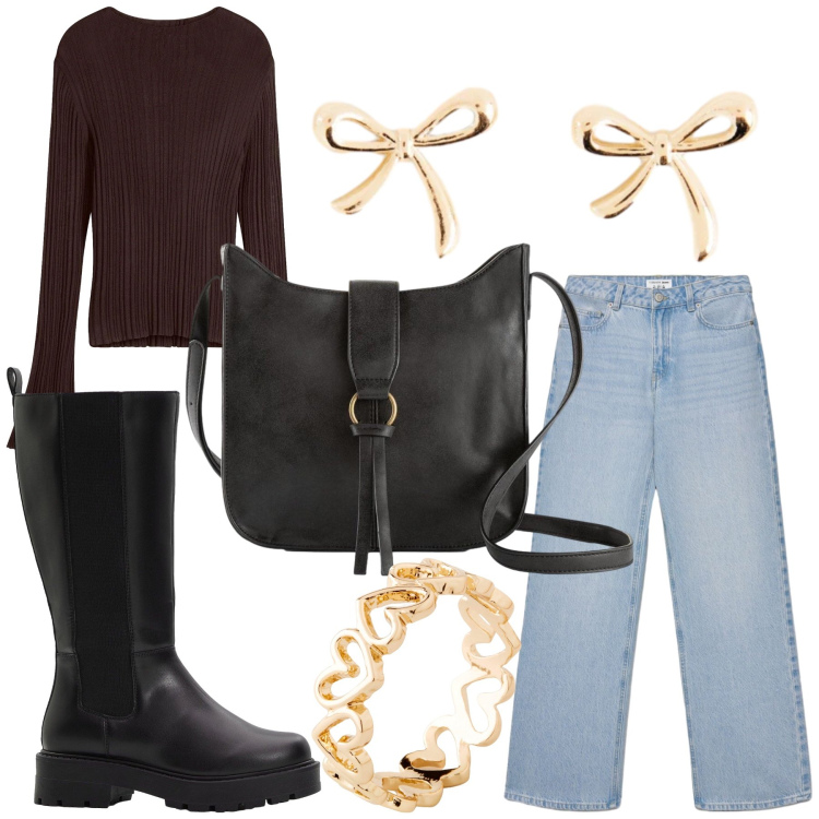 Outfit donna - Fiocchi. Stile Casual per Tutti i giorni. Abbinamento con jeans, stivali, maglieria, borse a tracolla, anelli, orecchini.