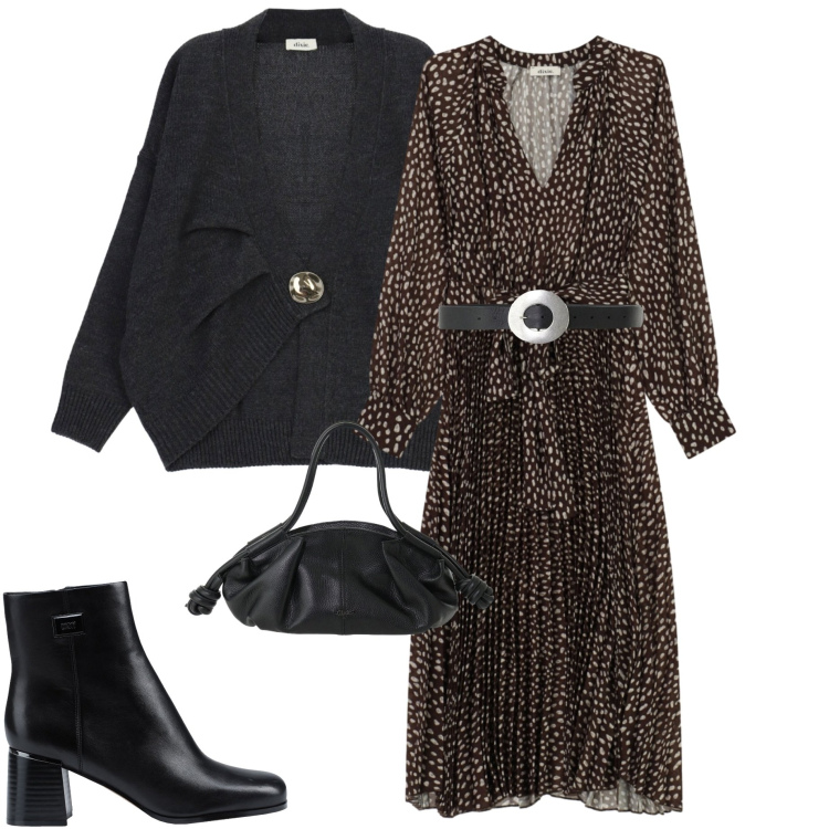 Outfit donna - Fine ottobre. Stile Casual chic per Ufficio. Abbinamento con borse a mano, cinture, vestiti midi/longuette, cardigans, stivaletti.