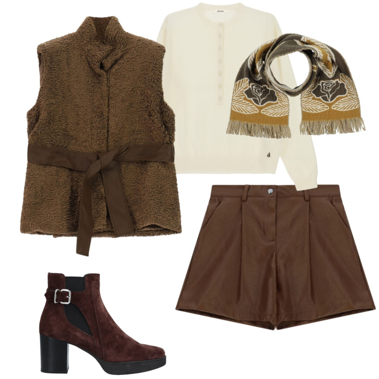 Outfit donna - Shorts in ecopelle. Stile Glamour per Serata fuori. Abbinamento con shorts, piumini, maglieria, stivaletti chelsea, sciarpe.