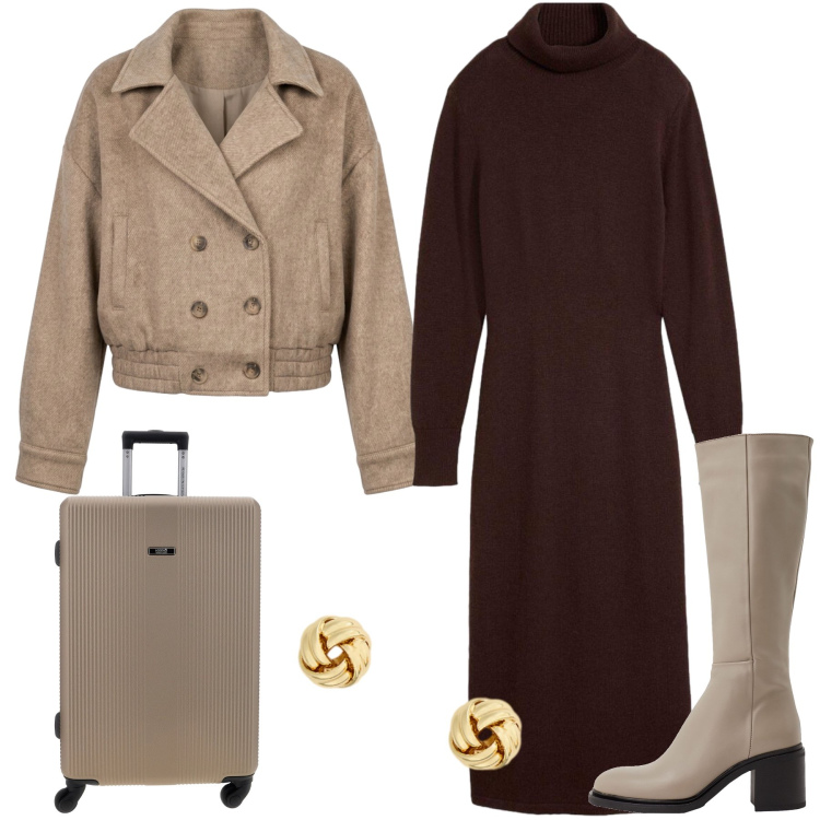 Outfit donna - Total look #2492956. Stile Casual chic per Tutti i giorni. Abbinamento con orecchini, bomber, stivali, vestiti, valigie.