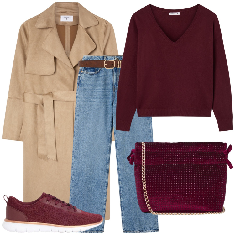 Outfit donna - Total look #2492958. Stile Casual chic per Tutti i giorni. Abbinamento con jeans dritti, trench, cinture, borse a tracolla, maglieria, sneakers.