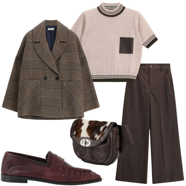Outfit donna - Urban autunnale. Stile Urban per Tutti i giorni. Abbinamento con blazer, pantaloni a palazzo, maglieria, mocassini, marsupi.