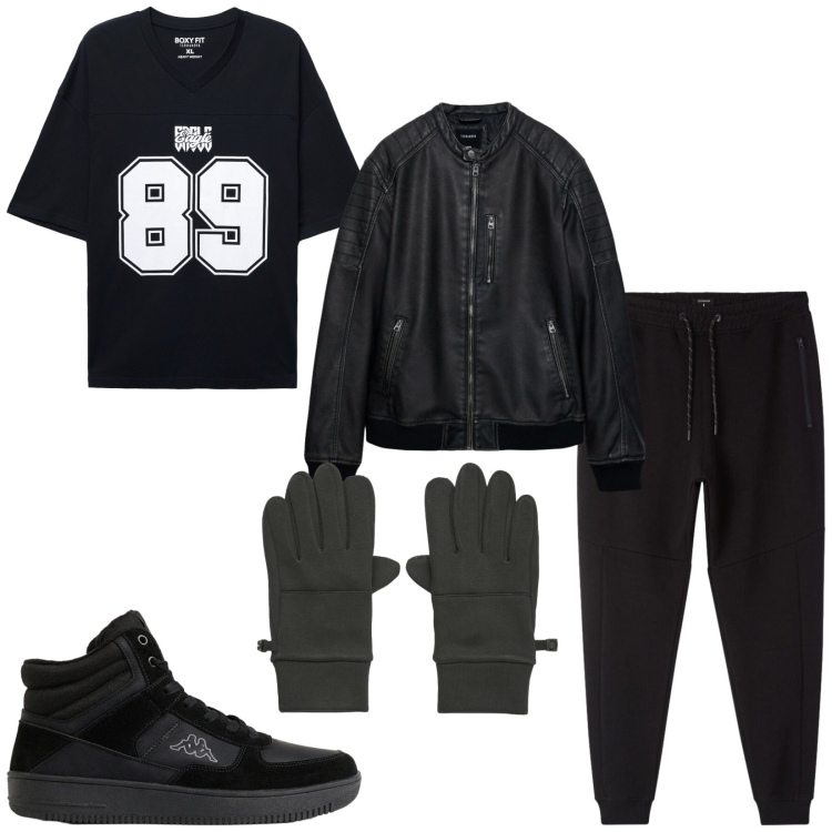 Outfit uomo - Total look #2492961. Stile Urban per Tutti i giorni. Abbinamento con pantaloni, t-shirt, giacche, guanti, sneakers alte.