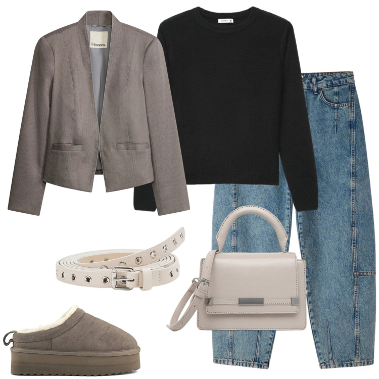Outfit donna - Total look #2492962. Stile Glamour per Tutti i giorni. Abbinamento con maglieria, jeans, borse a tracolla, cinture, sabot, blazer.