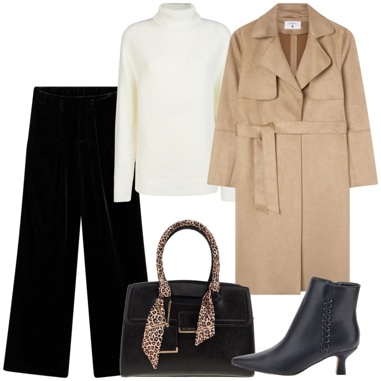 Outfit donna - La Capsule Wardrobe. Stile Casual chic per Ufficio. Abbinamento con maglieria, trench, stivaletti, borse a spalla, pantaloni.