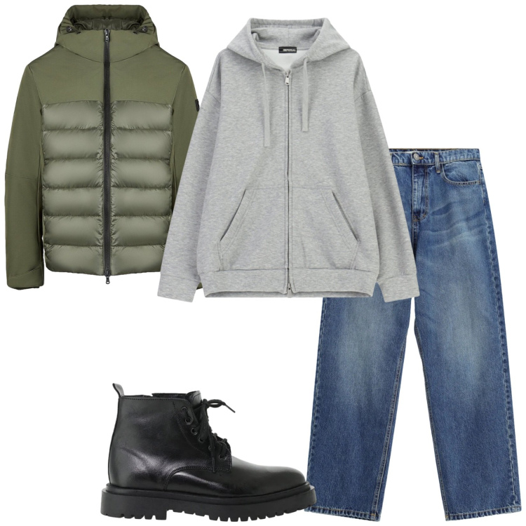 Outfit uomo - Cold October. Stile Casual per Tutti i giorni. Abbinamento con jeans, anfibi, felpe con cappuccio, piumini.