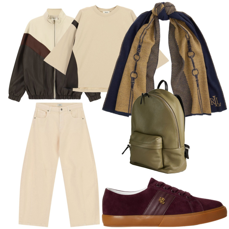 Outfit donna - Total look #2492970. Stile Casual per Tutti i giorni. Abbinamento con sneakers, sciarpe, bomber, jeans, top, zaini.