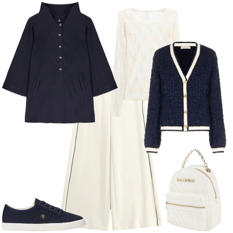Outfit donna - Casual chic week end fuori porta. Stile Casual chic per Tutti i giorni. Abbinamento con pantaloni a palazzo, t-shirt, blazer, sneakers, cardigans, zaini.