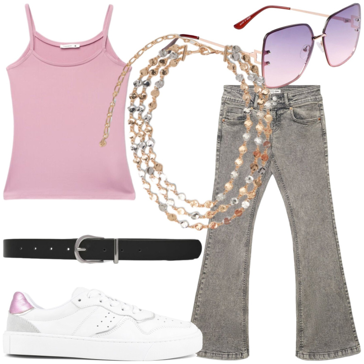 Outfit donna - Casual. Stile Casual per Tutti i giorni. Abbinamento con collane, jeans a zampa, cinture, canottiere, sneakers, occhiali da sole.
