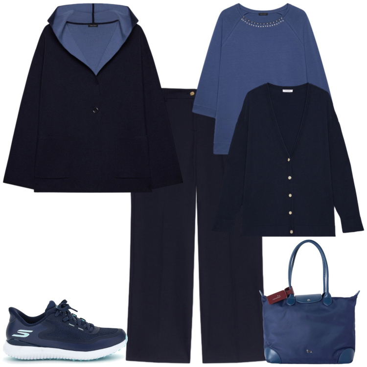 Outfit donna - Casual chic week end fuori porta. Stile Casual chic per Tutti i giorni. Abbinamento con shopping bag, cappotti, cardigans, t-shirt, pantaloni a palazzo, sneakers.
