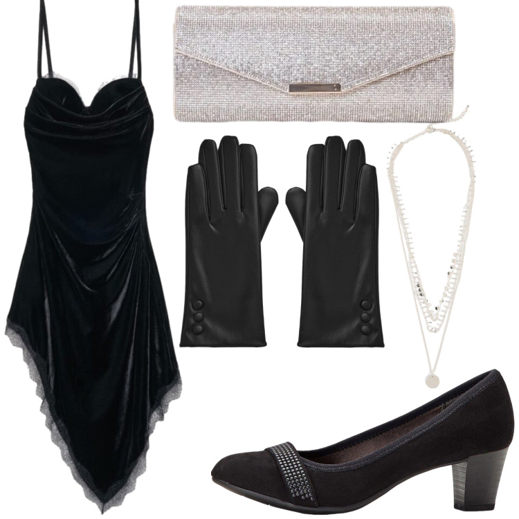 Outfit donna - Meravigliosa. Stile Sexy per Serata fuori. Abbinamento con clutch, guanti, vestiti asimmetrici, décolleté, collane.