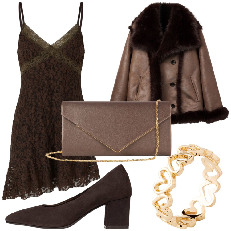 Outfit donna - Stupenda in marrone. Stile Romantica per Serata fuori. Abbinamento con clutch, vestiti corti, giacche, décolleté, anelli.