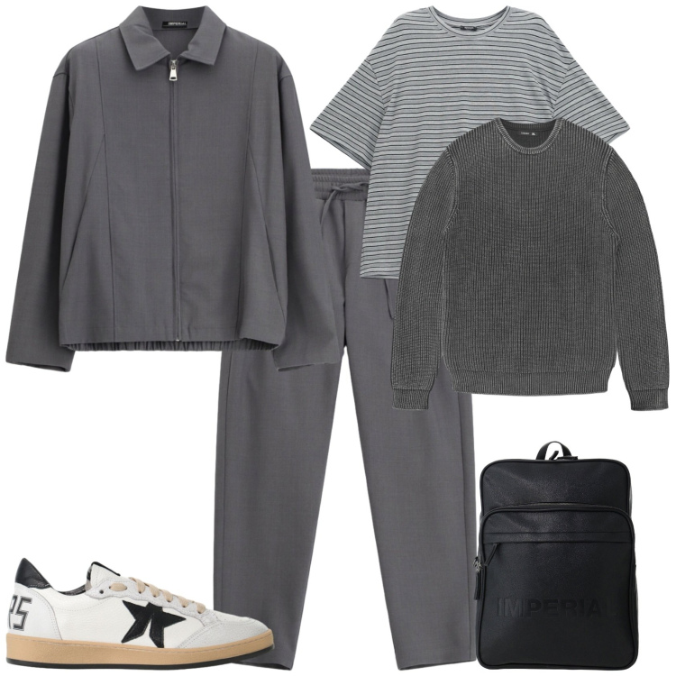 Outfit uomo - Urban week end fuori porta. Stile Urban per Tutti i giorni. Abbinamento con t-shirt, sneakers, borse sportive, pantaloni, cappotti, maglieria.