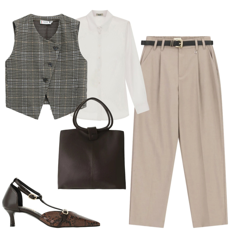 Outfit donna - In ufficio col gilet. Stile Urban per Ufficio. Abbinamento con décolleté, gilet, camicie, borse a spalla, pantaloni.