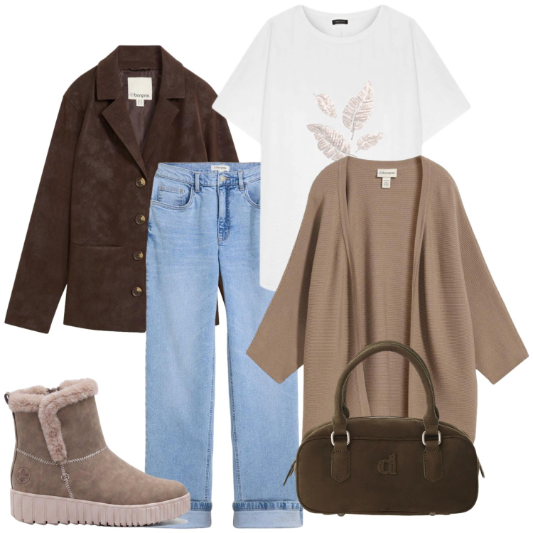 Outfit donna - Total look #2492998. Stile Casual chic per Tutti i giorni. Abbinamento con t-shirt, borse a mano, cardigans, blazer, jeans dritti, stivaletti.