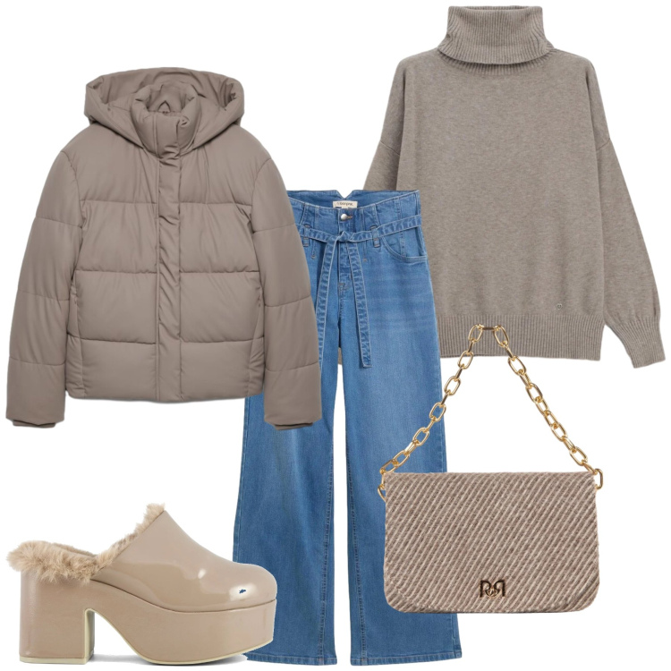 Outfit donna - Total look #2493002. Stile Casual chic per Tutti i giorni. Abbinamento con maglieria, borse a spalla, piumini, sabot, jeans.