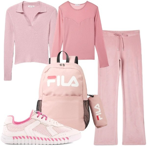 Outfit donna - Total look #2493008. Stile Sporty chic per Tutti i giorni. Abbinamento con pantaloni, t-shirt, maglieria, sneakers, zaini.