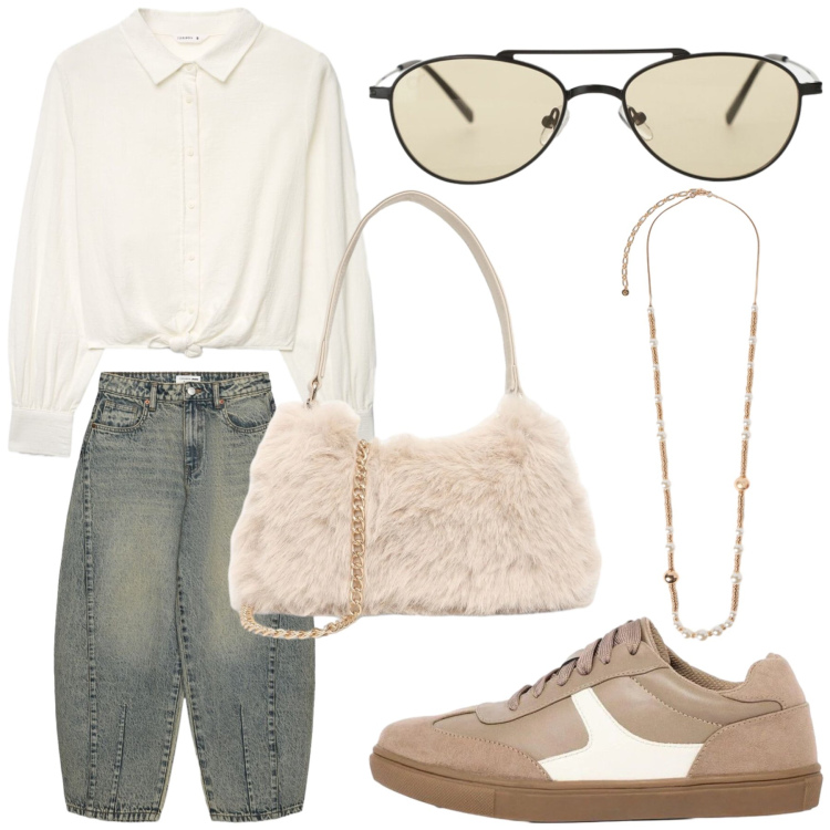 Outfit donna - Moderna. Stile Casual chic per Tutti i giorni. Abbinamento con collane, occhiali da sole, camicie, jeans, borse a spalla, sneakers.