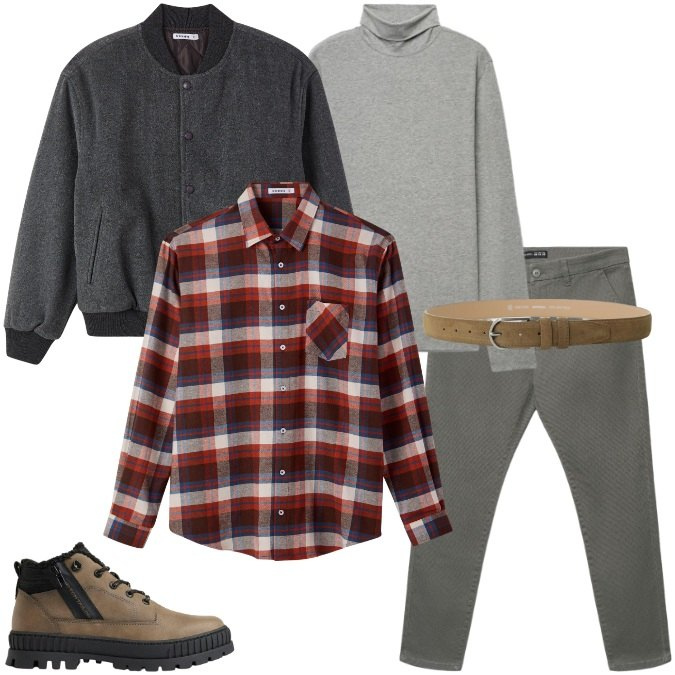 Outfit uomo - La Camicia quadri del Weekend. Stile Casual per Tutti i giorni. Abbinamento con cinture, bomber, pantaloni chino, t-shirt, camicie, stivali e stivaletti.