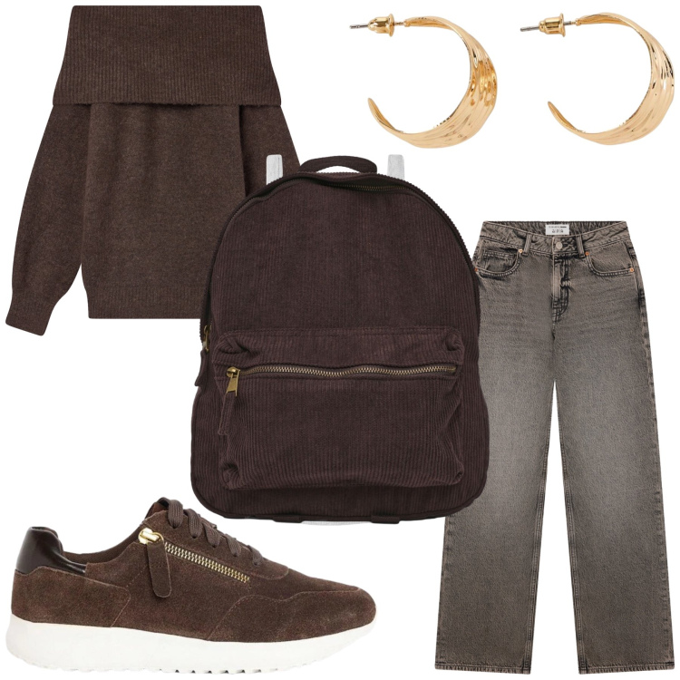 Outfit donna - Per scuola. Stile Casual per Scuola/Università. Abbinamento con maglieria, canottiere, jeans, zaini, orecchini, sneakers.