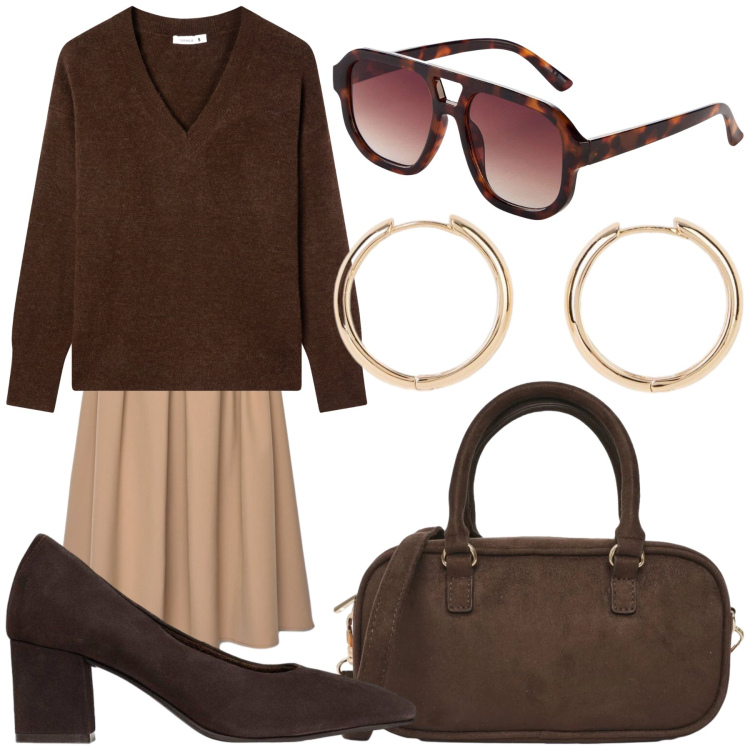 Outfit donna - Nauto brauni. Stile Casual chic per Tutti i giorni. Abbinamento con borse a tracolla, gonne lunghe, maglieria, occhiali da sole, orecchini, décolleté.