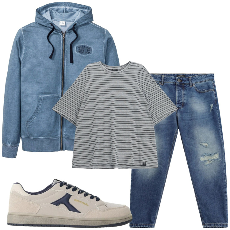 Outfit uomo - Total look #2493017. Stile Casual per Tutti i giorni. Abbinamento con t-shirt, jeans strappati, sneakers, felpe con cappuccio.