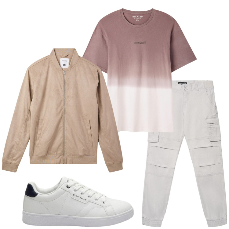 Outfit uomo - Total look #2493018. Stile Casual per Tutti i giorni. Abbinamento con bomber, t-shirt, pantaloni cargo, sneakers.